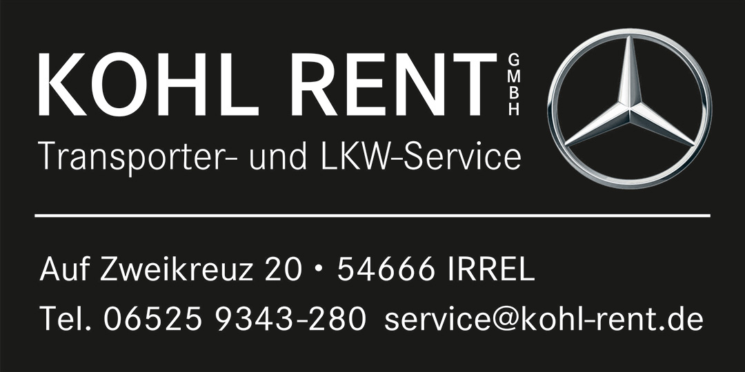 Firmenlogo von Kohl Rent GmbH mit Hinweis auf Transporter- und LKW-Service sowie Kontakt- und Adressangaben